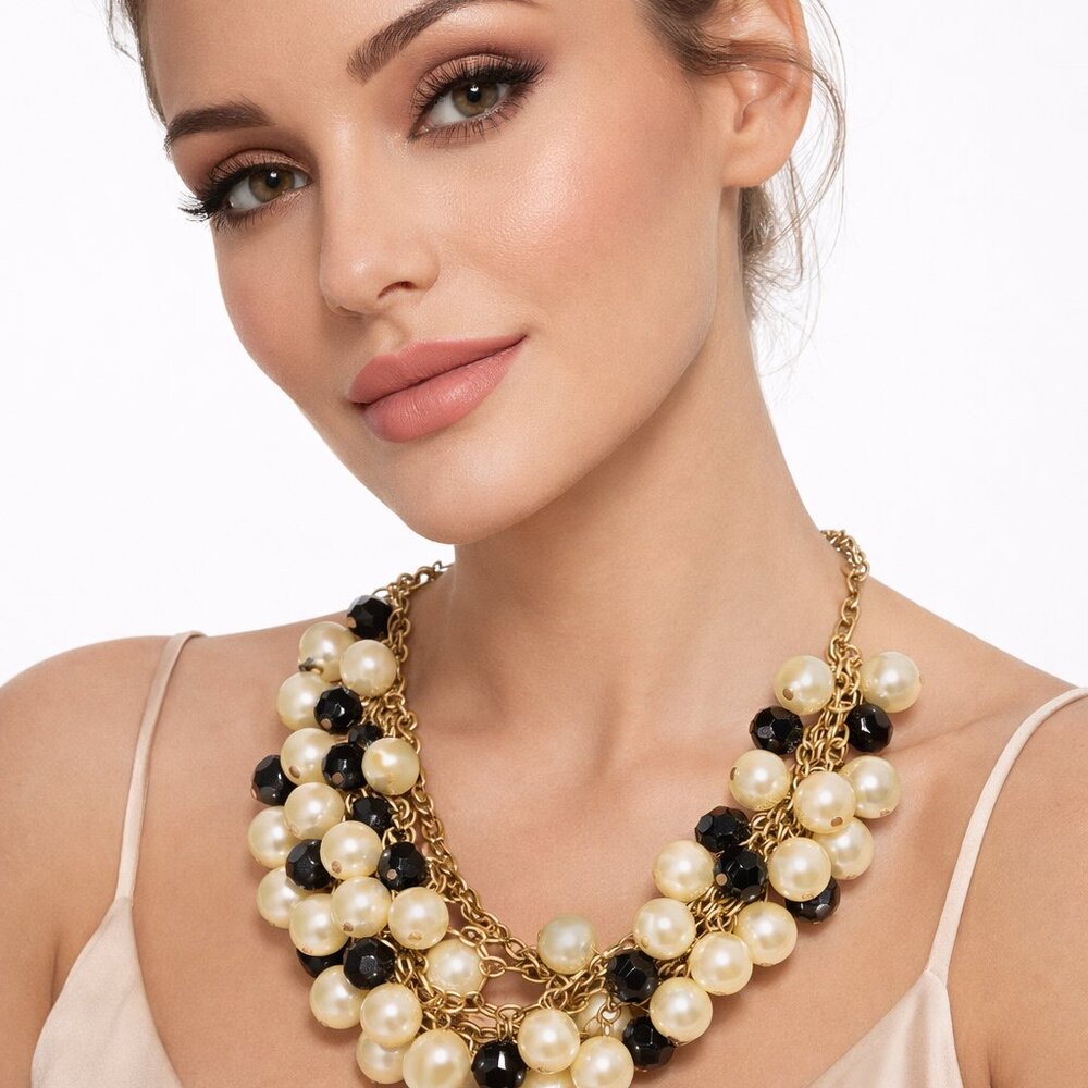 Statement Pearl & Black Bead Layered Necklace | Gold Tone | 22”‎ + 3” Extender